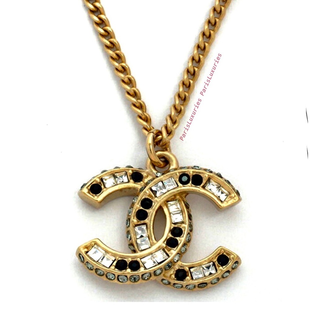 CHANEL Black White Crystal Baguette CC Pendant